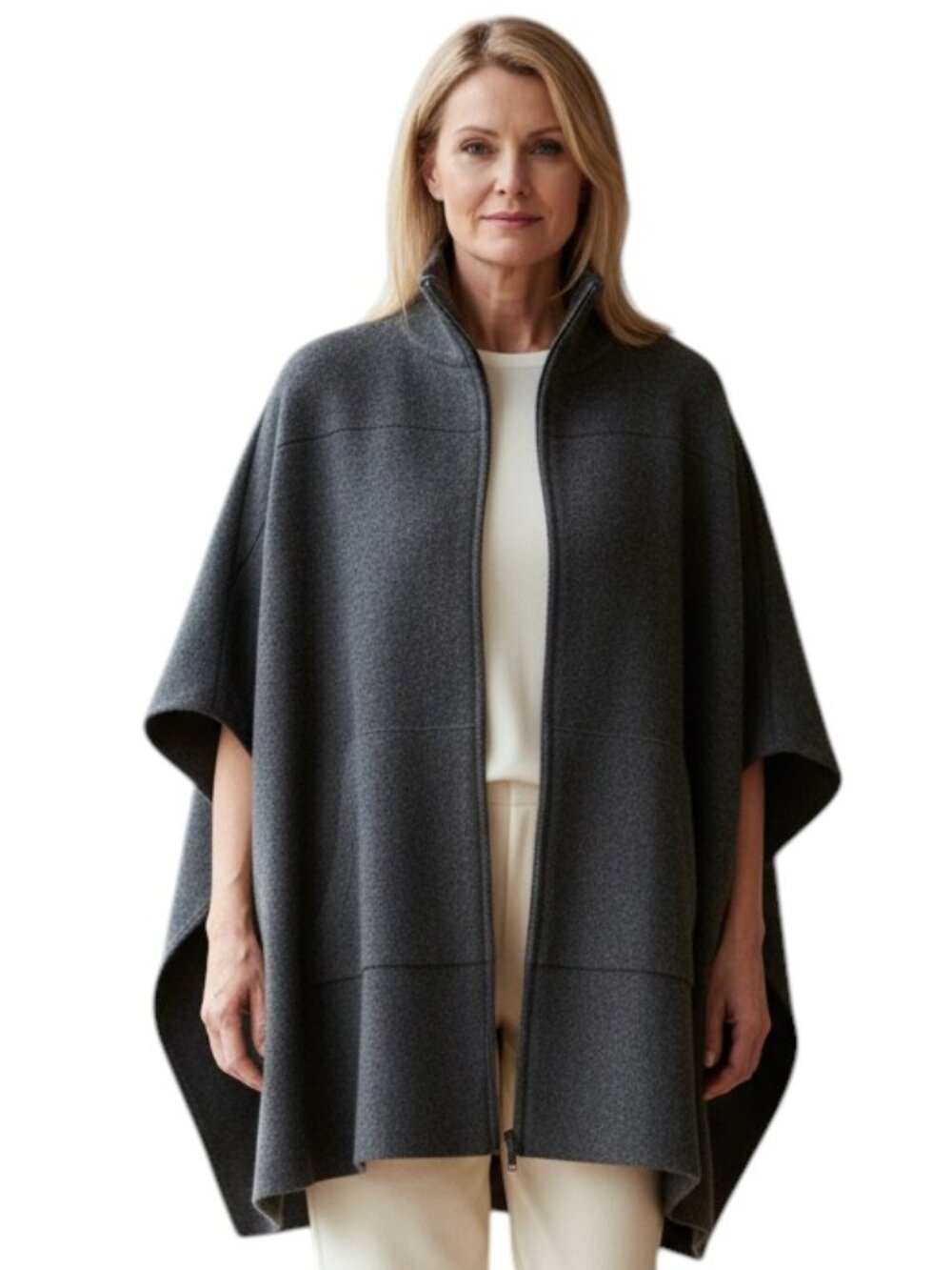 Eileen Fisher System Charcoal 100% Wool Zip Front Cape Poncho Jacket S/M